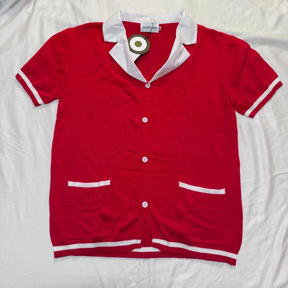 OXKNIT - Red Short Sleeve Cardigan with White Trim - NWT